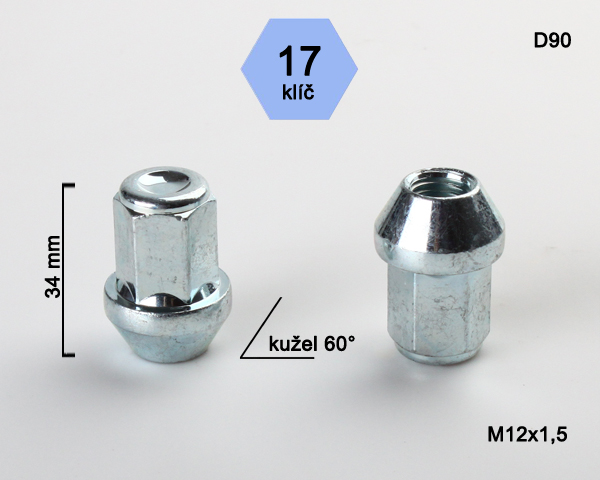 Kolová matice M12x1,5mm, dosedací plocha kužel, nerez víčko, klíč 19, pozink