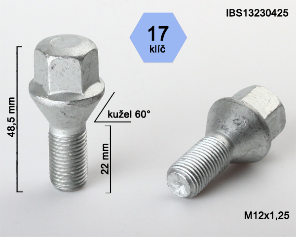 Kolový šroub M12x1,25x22mm, dosedací plocha kužel, klíč 17, pozink