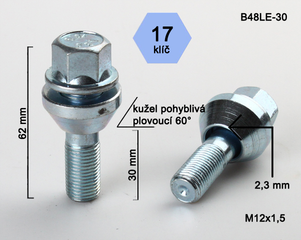 Kolový šroub M12x1,5x30mm, dosedací plocha plovoucí kužel, klíč 17, pozink