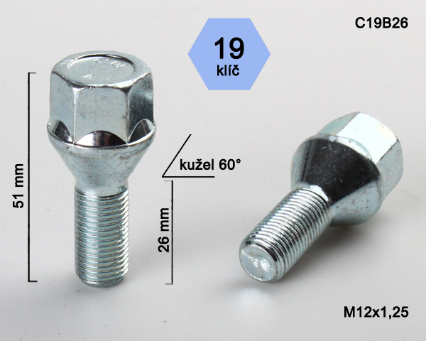 Kolový šroub M12x1,25x26mm, dosedací plocha kužel, klíč 19, pozink