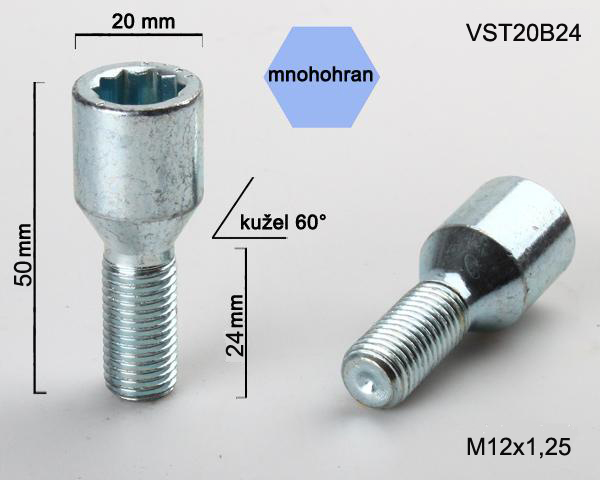 Kolový šroub M12x1,25x24, kužel s vnitřním mnohohranem, průměr hlavy 20, pozink