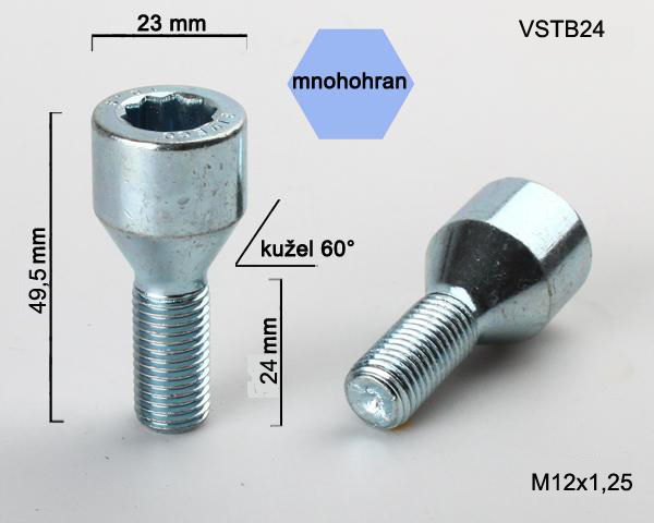 Kolový šroub M12x1,25x24, kužel s vnitřním mnohohranem, průměr hlavy 23, pozink