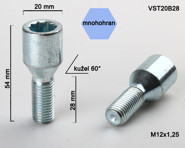 Kolový šroub M12x1,25x28, kužel s vnitřním mnohohranem, průměr hlavy 20, pozink