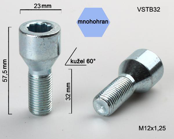 Kolový šroub M12x1,25x32, kužel s vnitřním mnohohranem, průměr hlavy 23, pozink