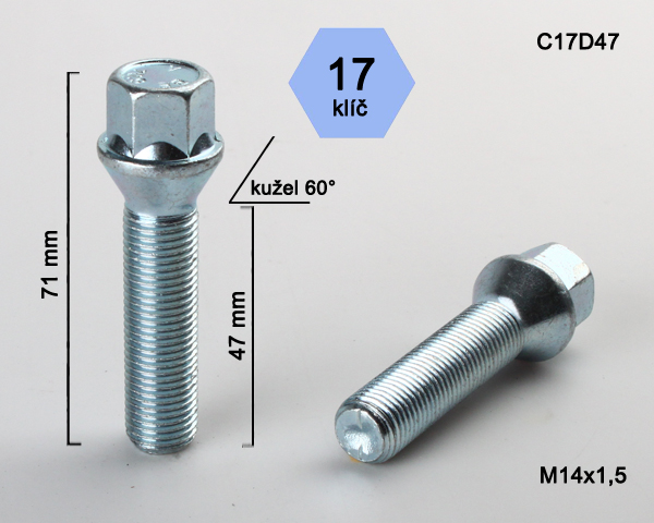 Kolový šroub M14x1,5x47mm, dosedací plocha kužel, klíč 17, pozink