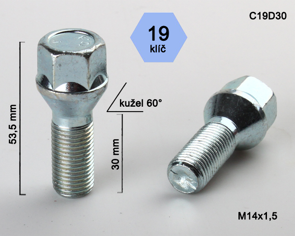 Kolový šroub M14x1,5x30mm, dosedací plocha kužel, klíč 19, pozink