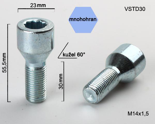 Kolový šroub M14x1,5x30, kužel s vnitřním mnohohranem, průměr hlavy 23, pozink