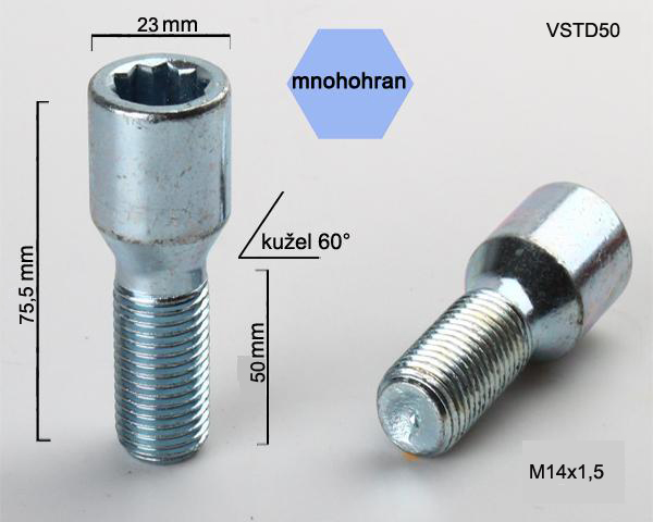 Kolový šroub M14x1,5x50, kužel s vnitřním mnohohranem, průměr hlavy 23, pozink