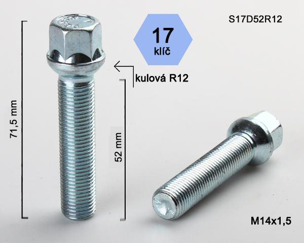 Kolový šroub M14x1,5x52mm dosedací plocha koule R12, klíč 17, pozink
