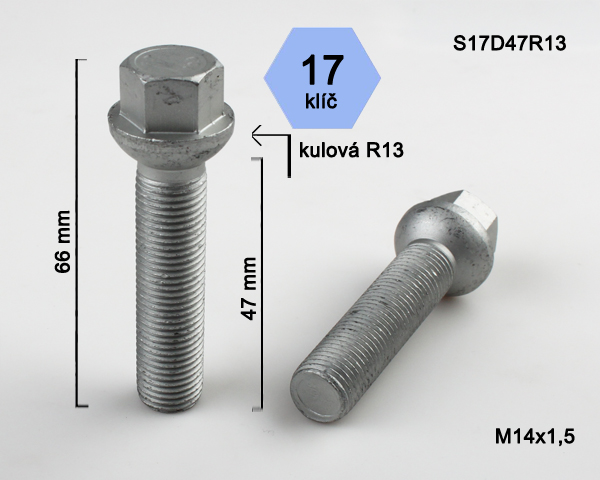 Šroub na kola M14x1,5x47mm, dosedací plocha koule R13, klíč 17, pozink
