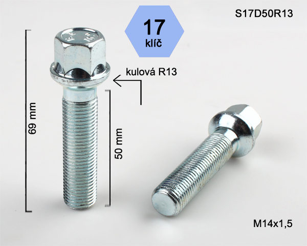 Kolový šroub M14x1,5x50mm, dosedací plocha koule R13, klíč 17, pozink stříbrný