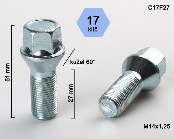 Kolový šroub M14x1,25x27mm, dosedací plocha kužel, klíč 17, pozink