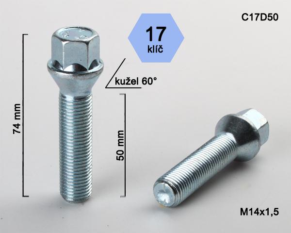 Kolový šroub M14x1,5x50mm, dosedací plocha kužel, klíč 17, pozink