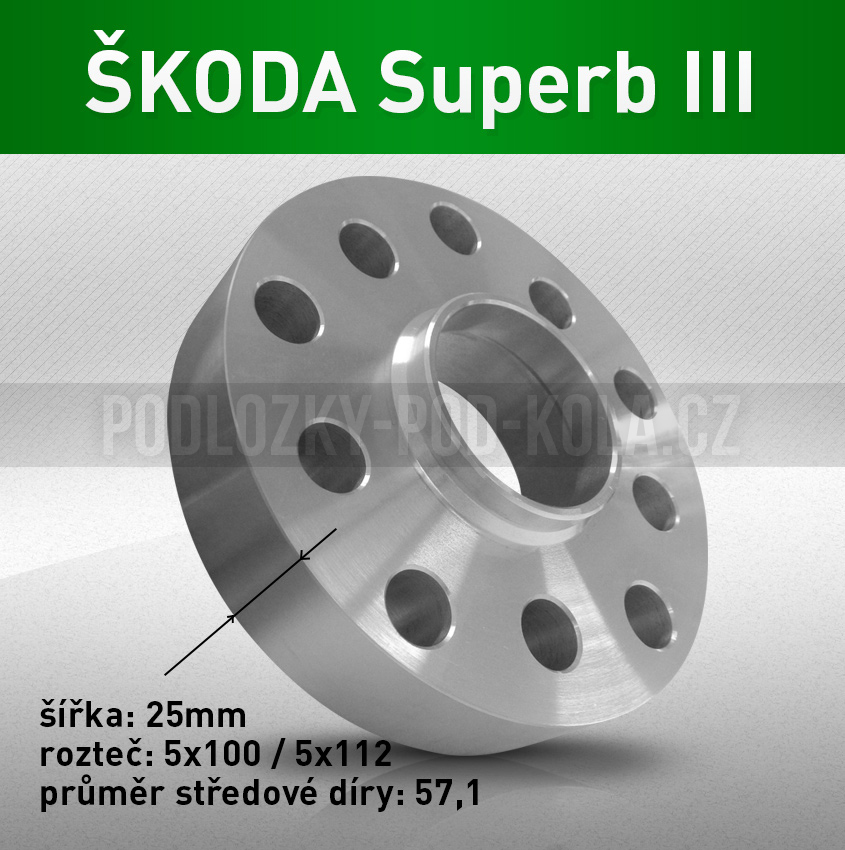 Rozšiřovací podložka ŠKODA Superb III, šíře 25mm, rozteč 5x112, střed 57,1 - průchozí, 1 ks