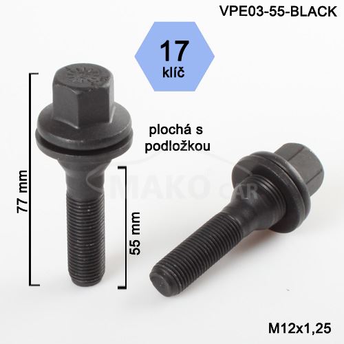 Kolový šroub M12x1,25x55mm, plochá podložka, klíč 17, čený