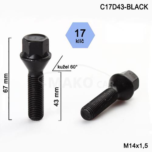 Kolový šroub M14x1,5x43mm, dosedací plocha kužel, klíč 17, černý