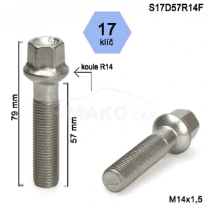 Kolový šroub M14x1,5x57mm, dosedací plocha koule R14, klíč 17, pozink