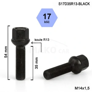 Kolový šroub M14x1,5x35mm, dosedací plocha koule R13, klíč 17, černý