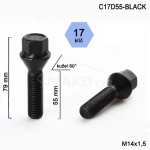 Kolový šroub M14x1,5x55mm, dosedací plocha kužel, klíč 17, černý