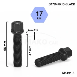 Kolový šroub M14x1,5x47mm, dosedací plocha koule R13, klíč 17, černý