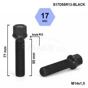 Kolový šroub M14x1,5x55mm, dosedací plocha koule R13, klíč 17, černý