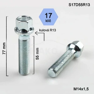 Šroub na kola M14x1,5x55mm, dosedací plocha koule R13, klíč 17, pozink stříbrný