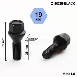 Kolový šroub M14x1,5x36mm, dosedací plocha kužel, klíč 19, černý pozink