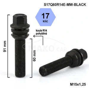 Kolový šroub M15x1,25x60 koule R14 pohyblivá, klíč 17, černý pozink