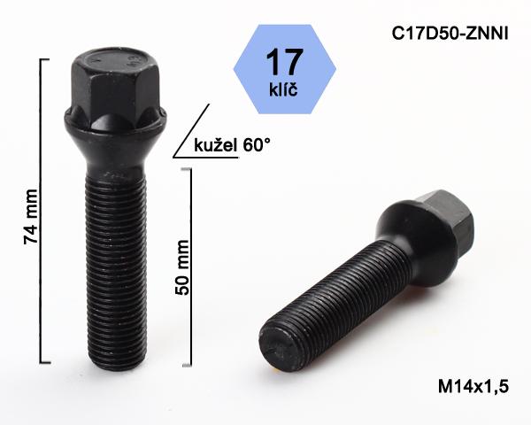 Kolový šroub M14x1,5x50mm, dosedací plocha kužel, klíč 17, černý pozink
