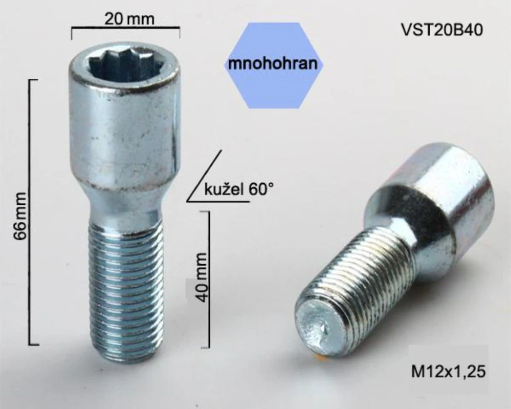 Kolový šroub M12x1,25x40, kužel s vnitřním mnohohranem, průměr hlavy 20, pozink