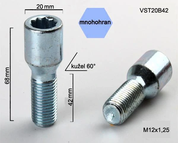 Kolový šroub M12x1,25x42, kužel s vnitřním mnohohranem, průměr hlavy 20, pozink