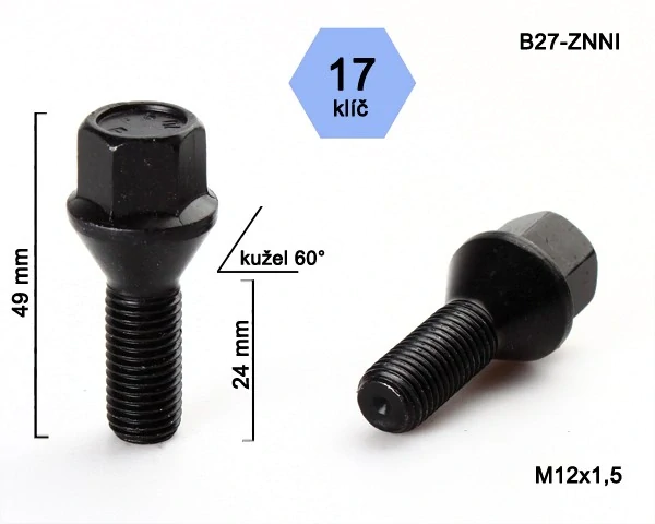 Kolový šroub M12x1,5x24mm, dosedací plocha kužel, klíč 17, černý pozink