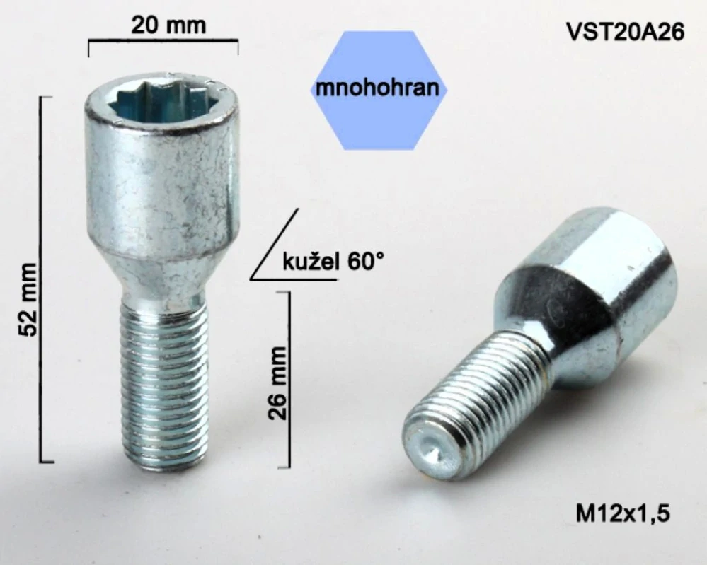 Kolový šroub M12x1,5x26, kužel s vnitřním mnohohranem, průměr hlavy 20, pozink