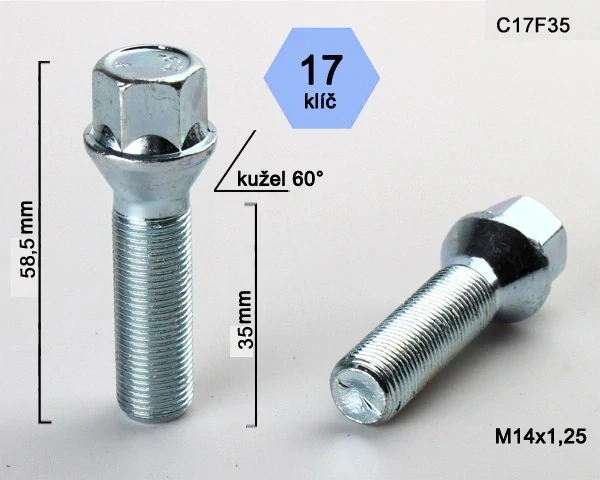 Kolový šroub M14x1,25x35mm, dosedací plocha kužel, klíč 17, pozink