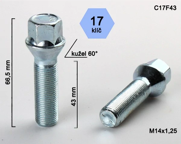 Kolový šroub M14x1,25x43mm, dosedací plocha kužel, klíč 17, pozink