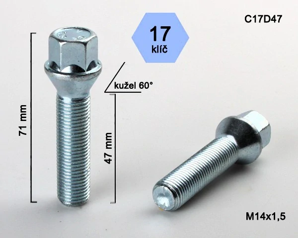 Kolový šroub M14x1,5x47mm, dosedací plocha kužel, klíč 17, pozink
