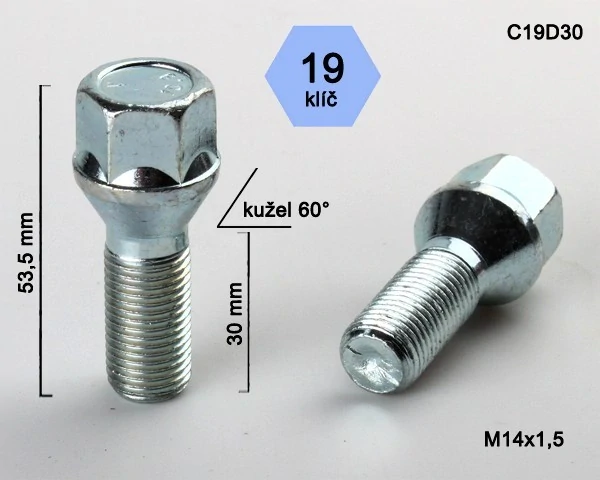Kolový šroub M14x1,5x30mm, dosedací plocha kužel, klíč 19, pozink