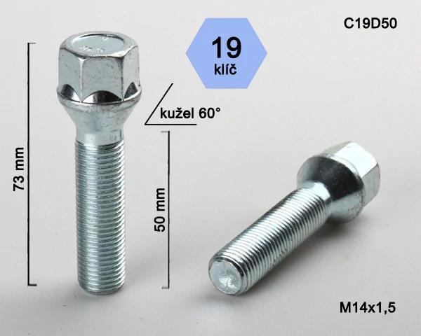 Kolový šroub M14x1,5x50mm, dosedací plocha kužel, klíč 19, pozink