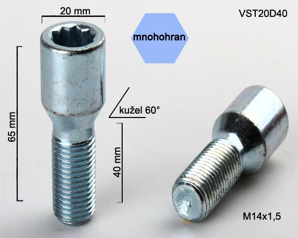 Kolový šroub M14x1,5x40, kužel s vnitřním mnohohranem, průměr hlavy 20, pozink
