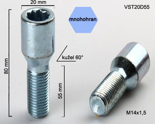 Kolový šroub M14x1,5x55, kužel s vnitřním mnohohranem, průměr hlavy 20, pozink