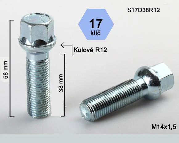 Kolový šroub M14x1,5x38mm dosedací plocha koule R12, klíč 17, pozink