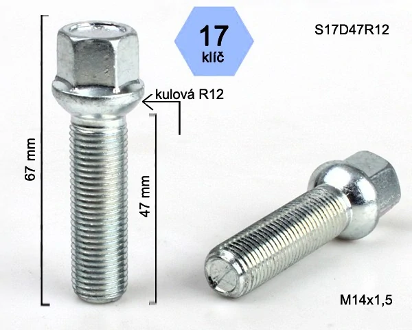 Kolový šroub M14x1,5x47mm dosedací plocha koule R12, klíč 17, pozink