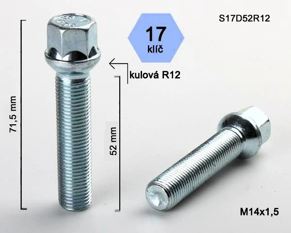Kolový šroub M14x1,5x52mm dosedací plocha koule R12, klíč 17, pozink