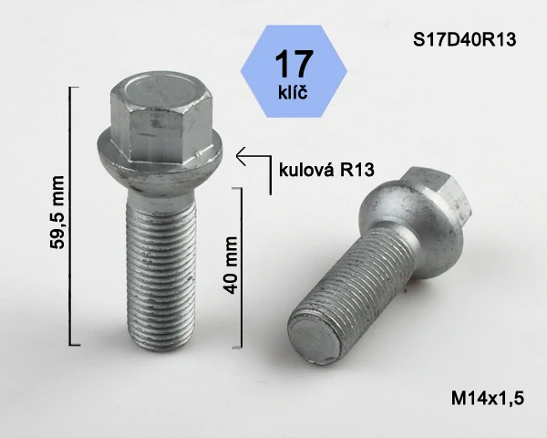 Kolový šroub M14 x 1,5x40mm, dosedací plocha koule R13, klíč 17, pozink