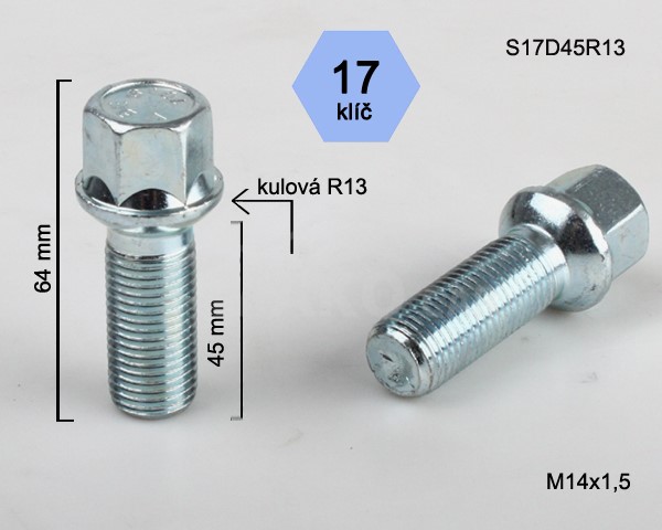 Kolový šroub M14x1,5x45mm, dosedací plocha koule R13, klíč 17, pozink