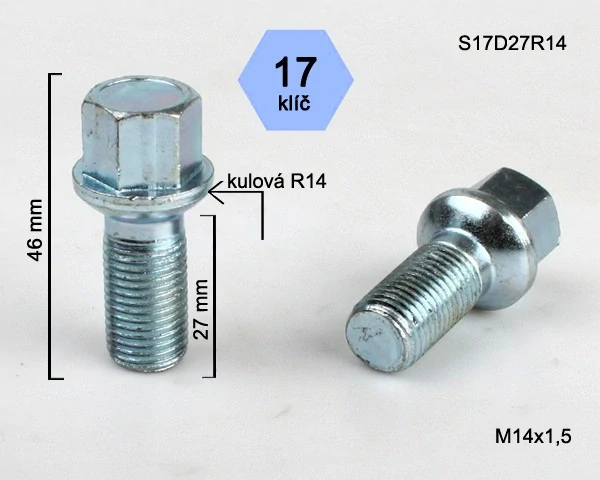 Kolový šroub M14x1,5x27mm, dosedací plocha koule R14, klíč 17, pozink stříbrný