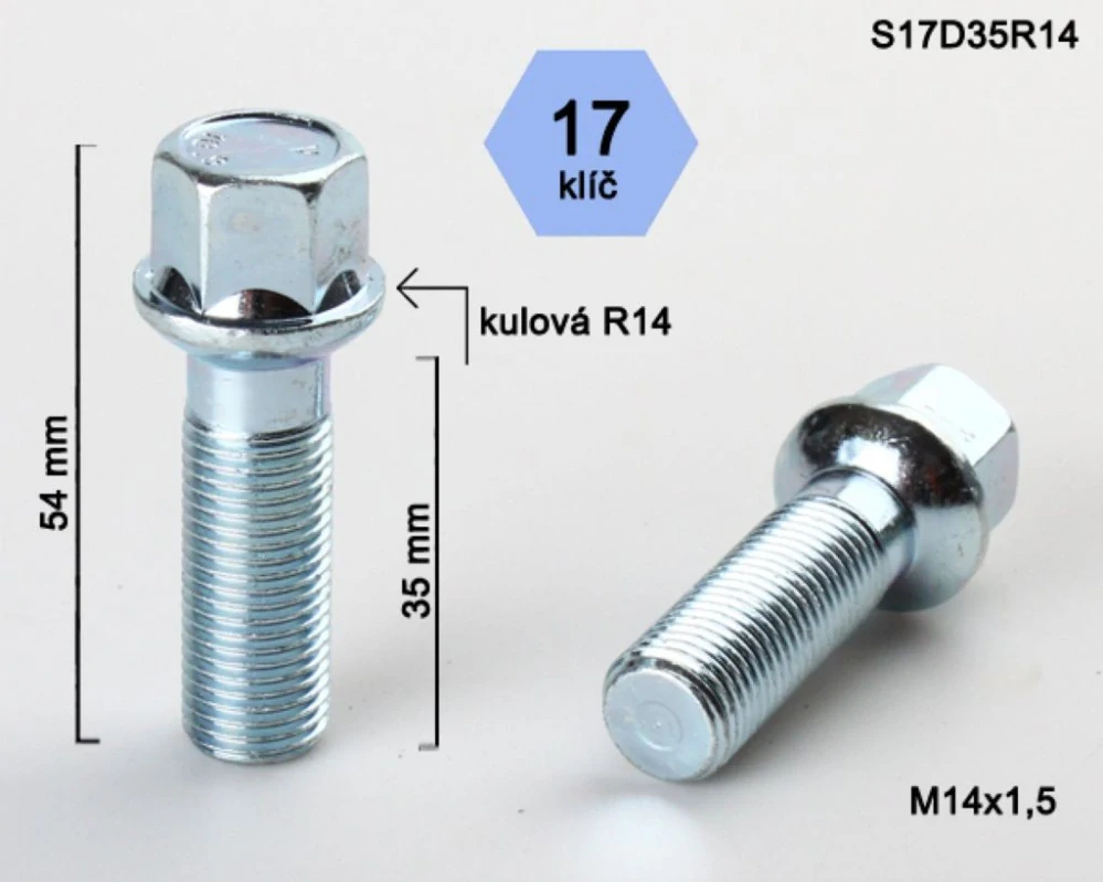 Kolový šroub M14x1,5x35mm, dosedací plocha koule R14, klíč 17, pozink