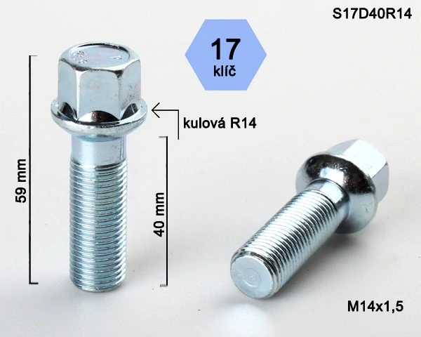 Kolový šroub M14x1,5x40mm, dosedací plocha koule R14, klíč 17, pozink
