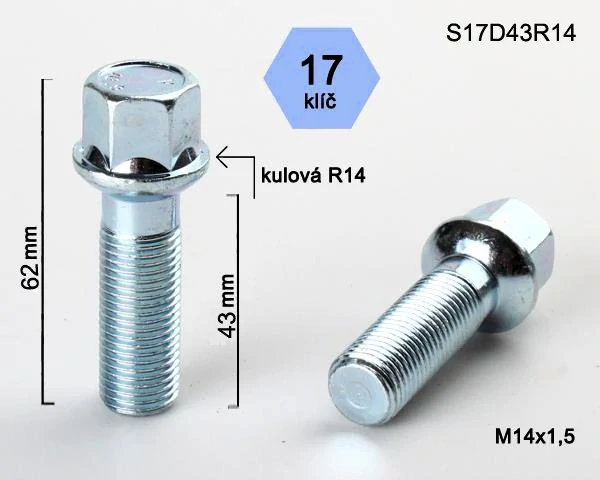 Kolový šroub M14x1,5x43mm, dosedací plocha koule R14, klíč 17, pozink