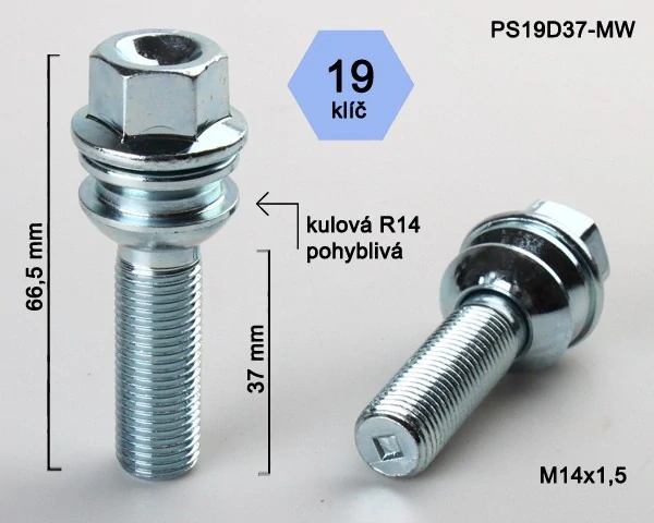 Kolový šroub M14x1,5x37mm, dosedací plocha koule R14 pohyblivá, klíč 19, pozink stříbrný